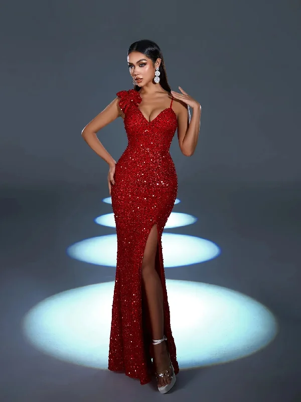 Elegant Asymmetrical Straps Split Mermaid Hem Sequin Evening Dress Cowl Neckline Elegant Elegant Asymmetrical Straps Split Mermaid Hem Sequin Evening Dress Cowl Neckline Elegant