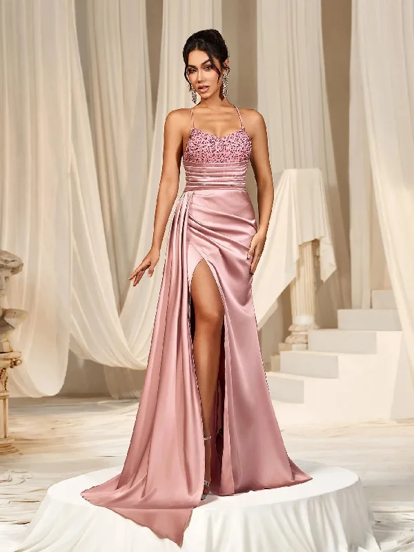 Elegant Backless Split Mermaid Hem Satin Cami Party Dress Pleated Skirt Elegant