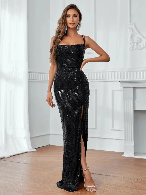 Elegant Backless Split Thigh Sequin Cami Party Dress Tunics stripes playful
