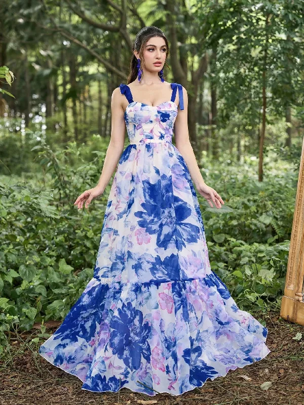 Elegant Floral Organza Sleeveless Tie Shoulder Evening Dress Tunics Timeless classic Elegant Floral Organza Sleeveless Tie Shoulder Evening Dress Tunics Timeless classic