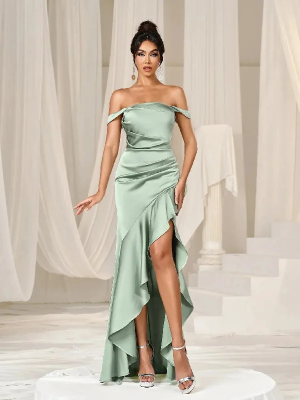 Elegant Off Shoulder Asymmetrical Ruffle Hem Party Dress Tunics Winter warm