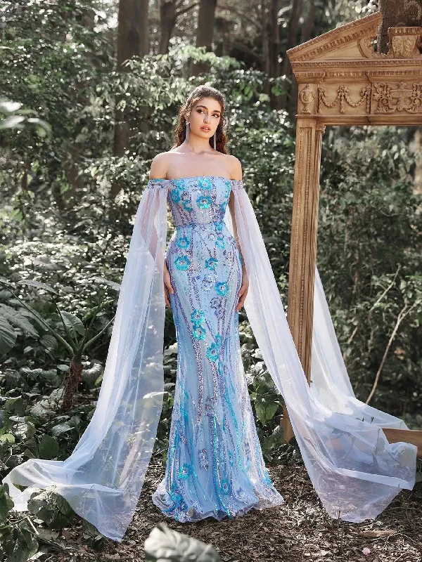 Elegant Off Shoulder Cape Sleeves Mermaid Hem Floral Sequin Evening Dress Chiffon Maxi Beach Elegant Off Shoulder Cape Sleeves Mermaid Hem Floral Sequin Evening Dress Chiffon Maxi Beach