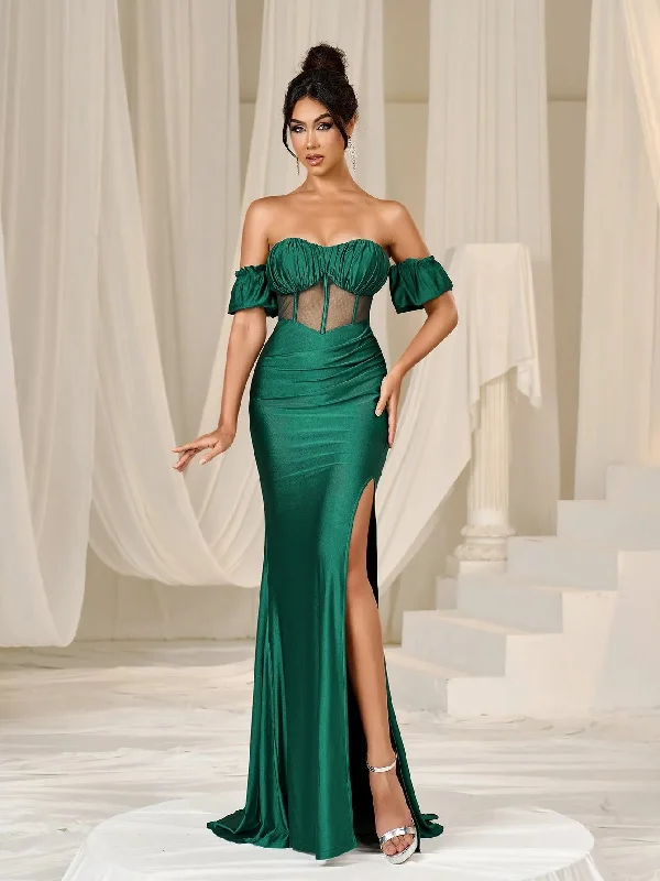 Elegant Off Shoulder Ruched Bust Split Mermaid Hem Evening Dress Glittery Long Formal Elegant Off Shoulder Ruched Bust Split Mermaid Hem Evening Dress Glittery Long Formal