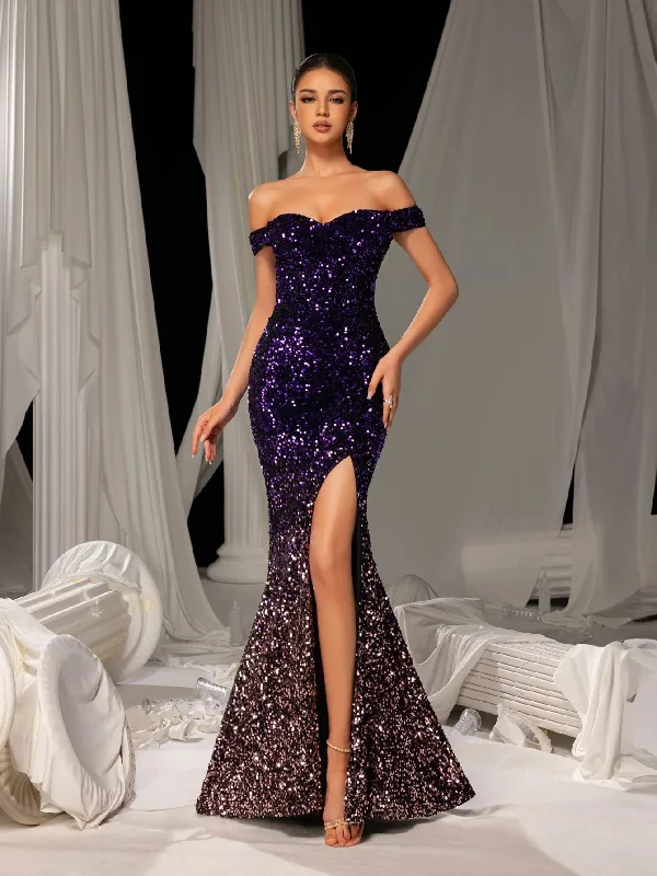Elegant Off Shoulder Split Mermaid Hem Ombre Sequin Evening Dress Tunics Office stylish Elegant Off Shoulder Split Mermaid Hem Ombre Sequin Evening Dress Tunics Office stylish