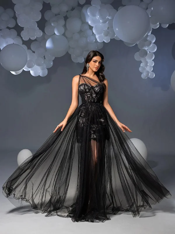 Elegant One Shoulder Mesh Overlay Lace Party Dress Tunics Spring floral