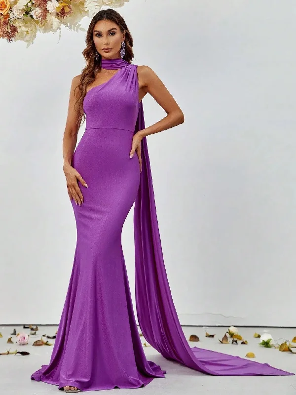 Elegant One Shoulder Ruched Draped Side Mermaid Party Dress Tunics Fall fleece