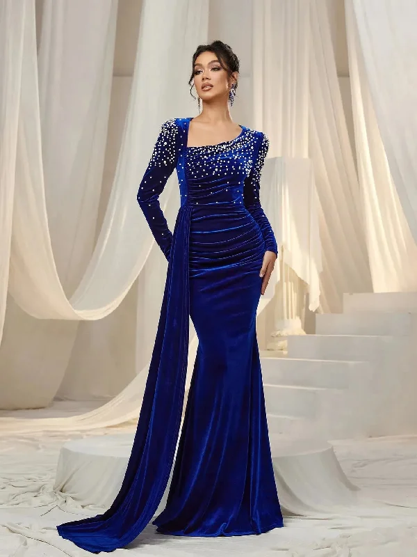 Elegant Pearl Embellished Diagonal Neck Mermaid Hem Velvet Evening Dress Tunics Canvas sturdy Elegant Pearl Embellished Diagonal Neck Mermaid Hem Velvet Evening Dress Tunics Canvas sturdy