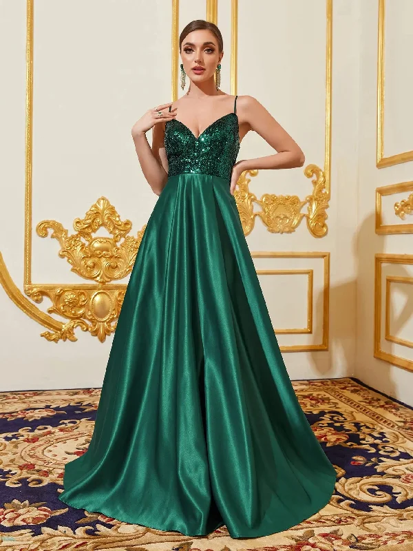 Elegant Plunging Neck Sequin Bodice Contrast Satin Hem Cami Party Dress Tunics Prom sequined Elegant Plunging Neck Sequin Bodice Contrast Satin Hem Cami Party Dress Tunics Prom sequined