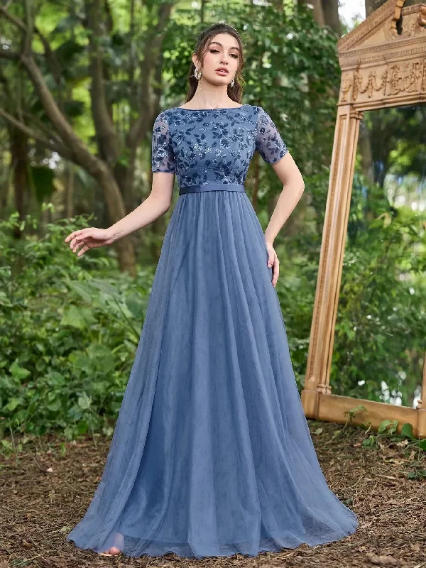 Elegant Sequin Bodice Contrast Mesh Hem Evening Dress Tunics Versatile stylish