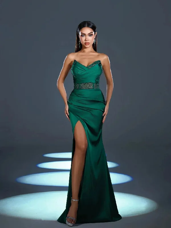 Elegant Strapless Contrast Sequin Split Thigh Satin Mermaid Party Dress Tunics Summer linen