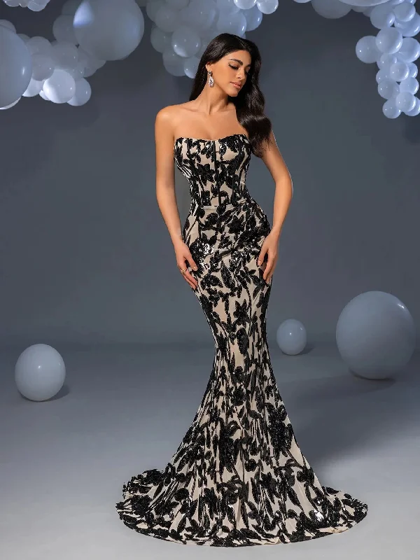 Elegant Strapless Mermaid Hem Floral Sequin Evening Dress Tunics Hiking breathable