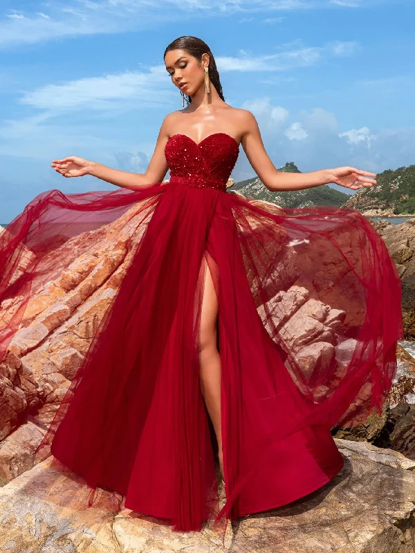 Elegant Strapless Split Thigh A-line Formal Evening Dress Tunics Formal black