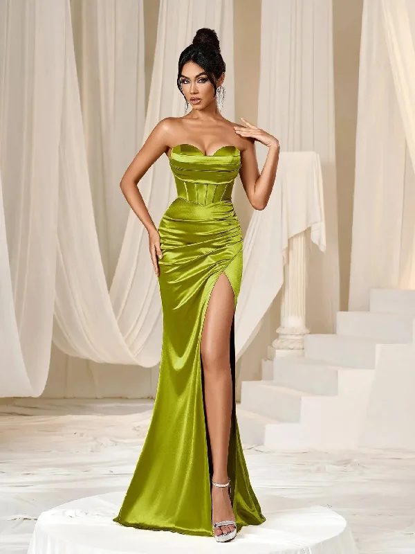 Elegant Strapless Split Thigh Satin Mermaid Maix Party Dress Tunics Sophisticated sleek Elegant Strapless Split Thigh Satin Mermaid Maix Party Dress Tunics Sophisticated sleek