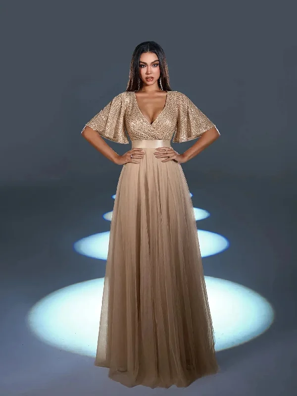 Elegant Surplice Neck Butterfly Sleeves Sequin Party Dress Peplum Ruffle Cocktail
