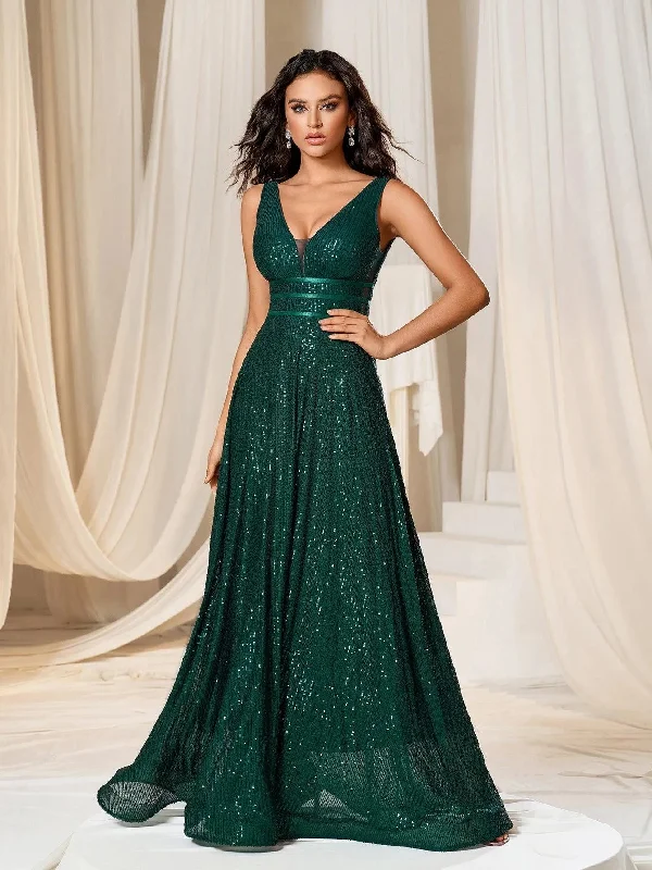 Elegant V Neck Sleeveless A Line Sequin Party Dress Off-the-shoulder Chic Trendy
