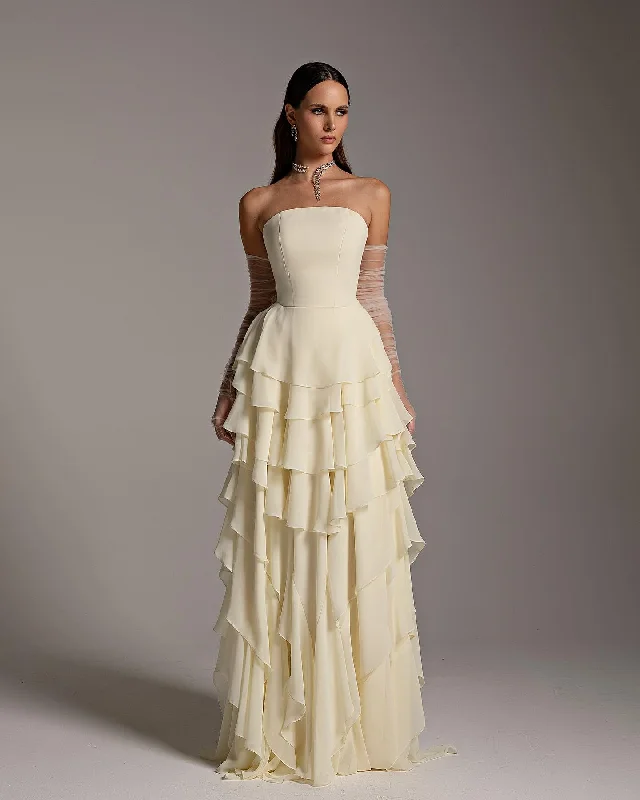 Elegant Yellow Strapless Ruffles Evening Dress SF256 Tunics Hiking breathable