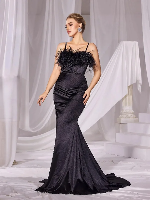 Feather Trim Mermaid Hem Satin Cami Party Dress Tunics Leisure comfortable