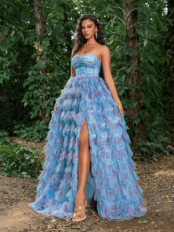 Floral Printed Ruched Bustier Split Thigh Tube Party Dress Tunics Distressed trendy