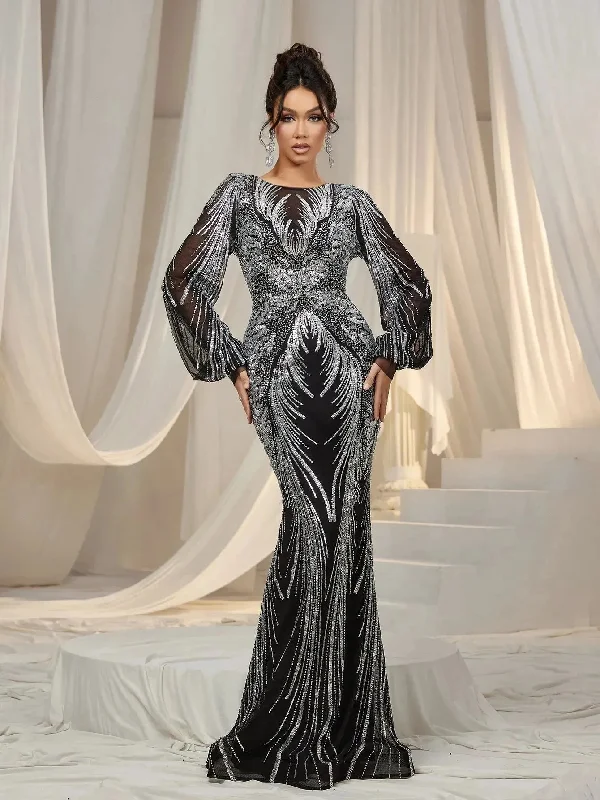 Gorgeous Lantern Sleeves Mermaid Hem Graphic Sequin Evening Dress Tunics Handmade artisanal Gorgeous Lantern Sleeves Mermaid Hem Graphic Sequin Evening Dress Tunics Handmade artisanal