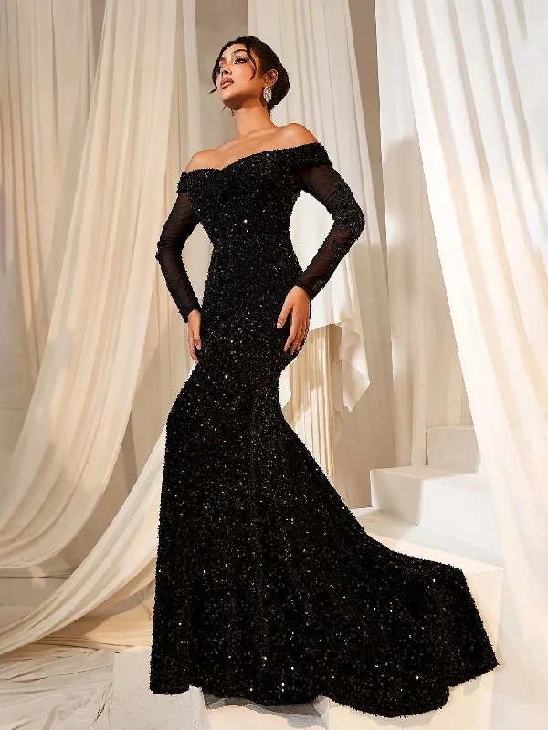 Gorgeous Off Shoulder Mermaid Hem Sequin Evening Dress Tunics Running lightweight