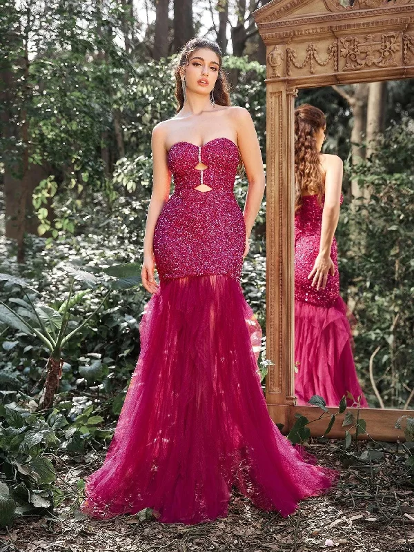 Gorgeous Sequin Bodice Contrast Cascading Tulle Train Strapless Evening Dress Tunics Trousers formal