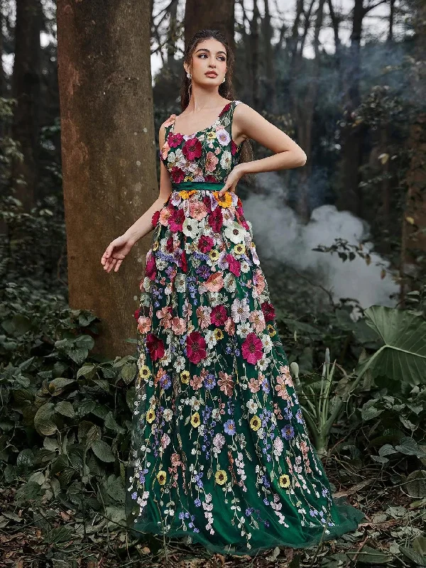 Gorgeous Square Collar Floral Embroidered Evening Dress Tunics Hiking breathable