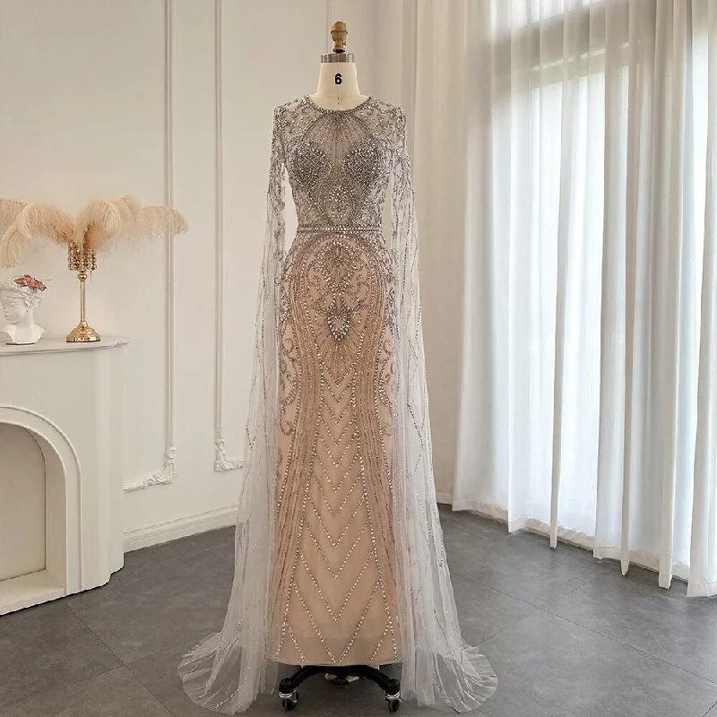 Luxury Silver Nude Evening Dress with Cape Sleeves SS119 Tunics Prom sequined
