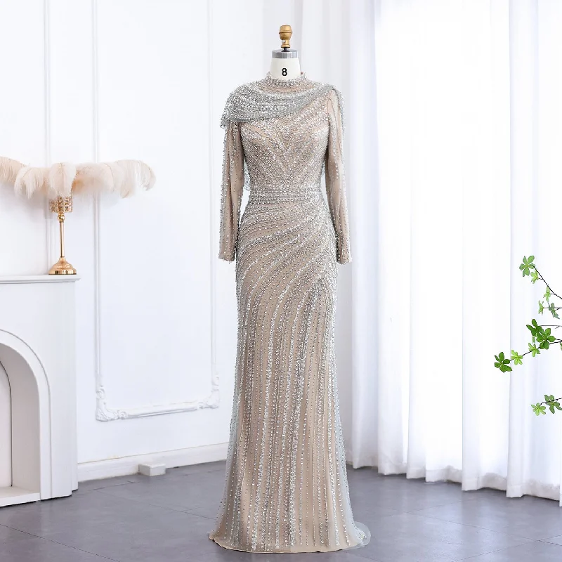 Luxury Beaded Silver Long Sleeves Evening Dress with Cape SS035 Tunics Wedding white Luxury Beaded Silver Long Sleeves Evening Dress with Cape SS035 Tunics Wedding white