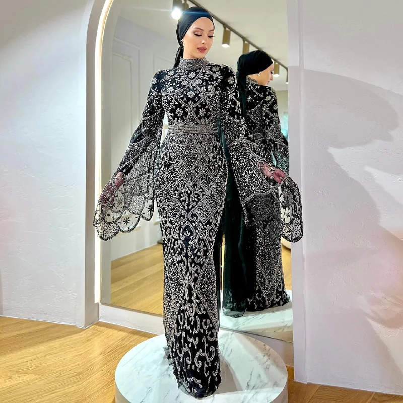 Luxury Black Beaded Evening Dress with Flare Long Sleeves SS153 Tunics Office stylish Luxury Black Beaded Evening Dress with Flare Long Sleeves SS153 Tunics Office stylish