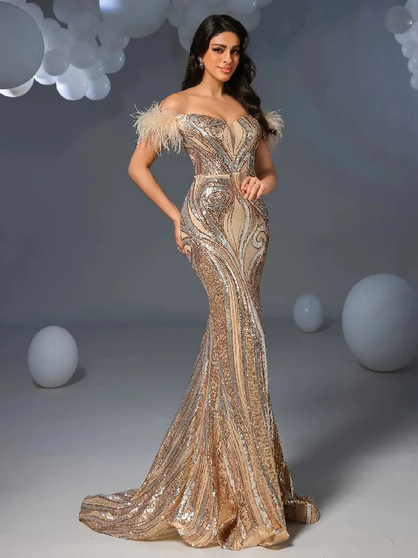 Luxury Feather Decoration Off Shoulder Mermaid Hem Graphic Sequin Evening Dress Lace Sexy Club Luxury Feather Decoration Off Shoulder Mermaid Hem Graphic Sequin Evening Dress Lace Sexy Club