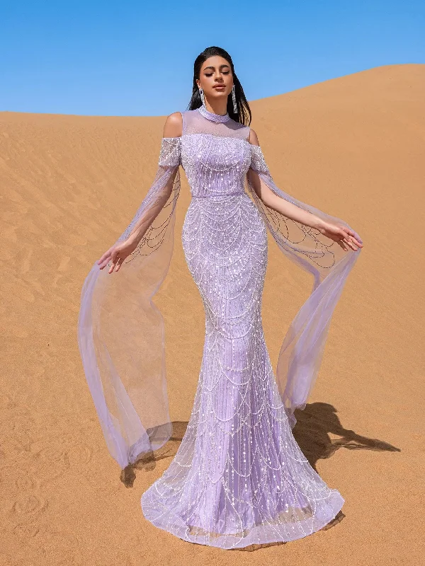 Luxury Gorgeous Rhinestone Detail Cape Sleeves Mermaid Hem Beaded Seuqin Evening Dress Tunics Top rated Luxury Gorgeous Rhinestone Detail Cape Sleeves Mermaid Hem Beaded Seuqin Evening Dress Tunics Top rated