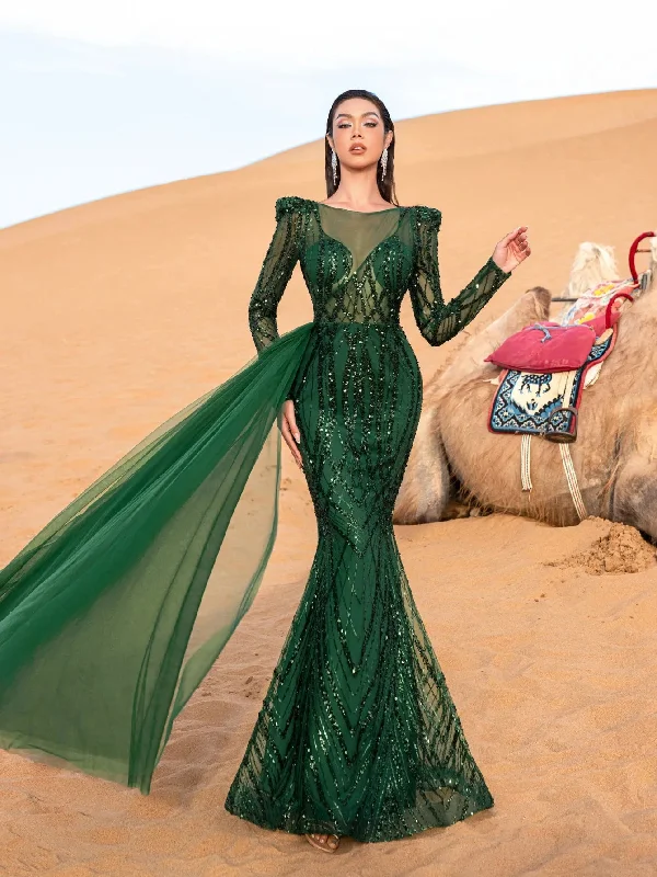 Luxury Gorgeous Sheer Bodice Draped Side Mermaid Hem Beaded Evening Dress Tunics Winter warm Luxury Gorgeous Sheer Bodice Draped Side Mermaid Hem Beaded Evening Dress Tunics Winter warm