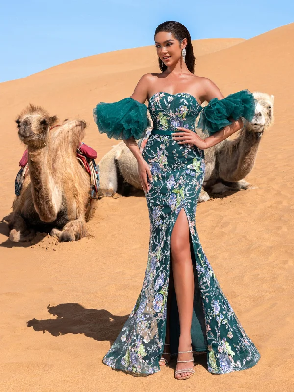 Luxury Gorgeous Strapless Ruffle Sleeves Mermaid Hem Floral Beaded Seuqin Evening Dress Tunics Short Trendy Luxury Gorgeous Strapless Ruffle Sleeves Mermaid Hem Floral Beaded Seuqin Evening Dress Tunics Short Trendy