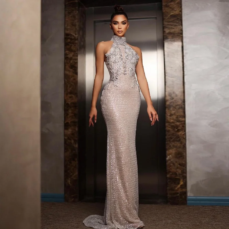 Luxury Halter Silver Nude Beaded Evening Dress SS408 Cowl Neckline Elegant
