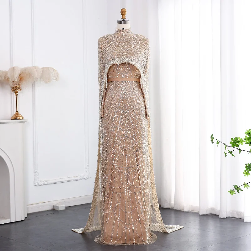 Luxury Long Sleeves Nude Evening Dress with Cape SS369A Tunics Corduroy durable