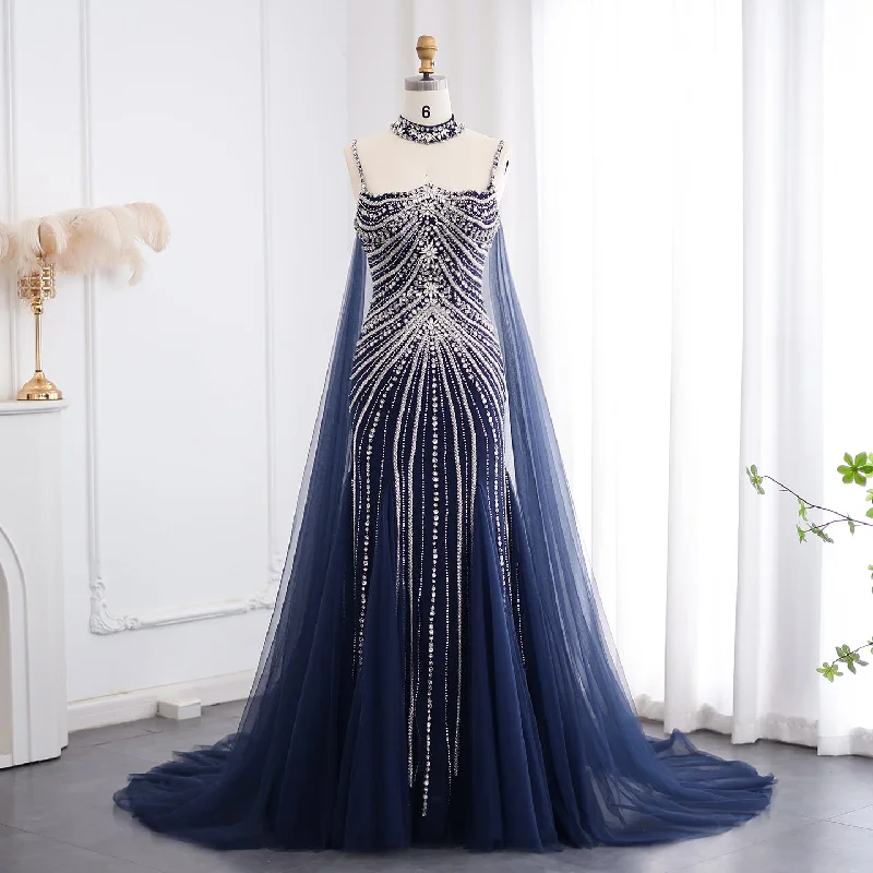 Luxury Navy Blue Mermaid Evening Dress with Chocker Cape SS325 Tunics Bridal satin