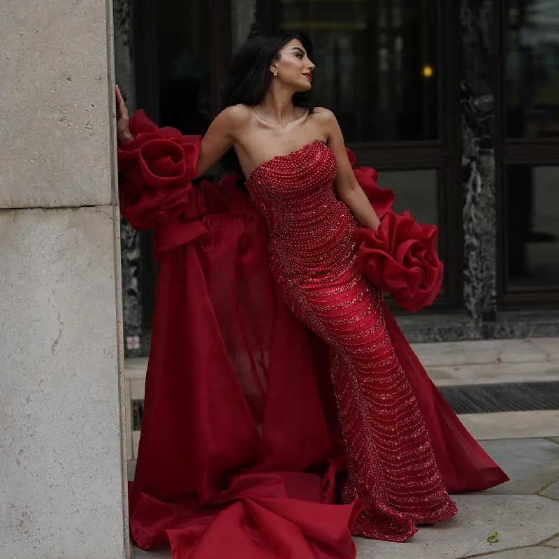 Luxury Pearl Red Evening Dress with 3D Flowers Cape SS585 Tunics Wedding white