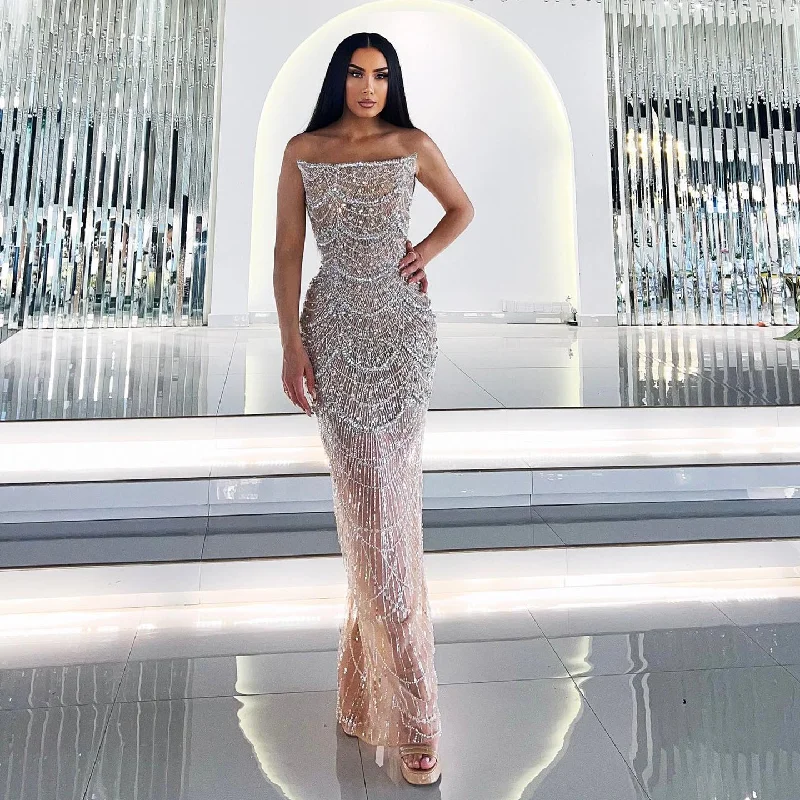 Luxury Pearls Silver Nude Strapless Evening Dress SS108 A-Line Day Work