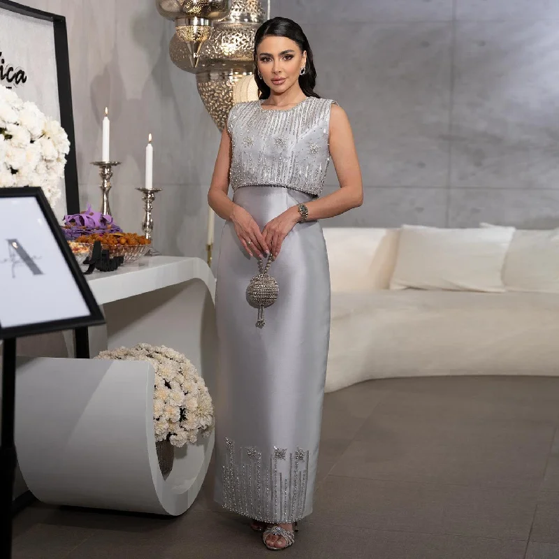 Luxury Rhinestones Silver Midi Evening Dress SS277 Tunics Spring floral