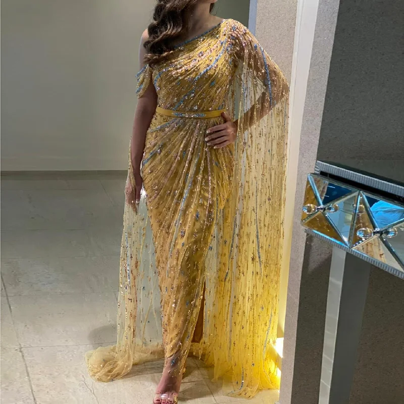 Colorful Beaded One Shoulder Yellow Evening Dress with Cape SS423 Square Neckline Feminine Colorful Beaded One Shoulder Yellow Evening Dress with Cape SS423 Square Neckline Feminine