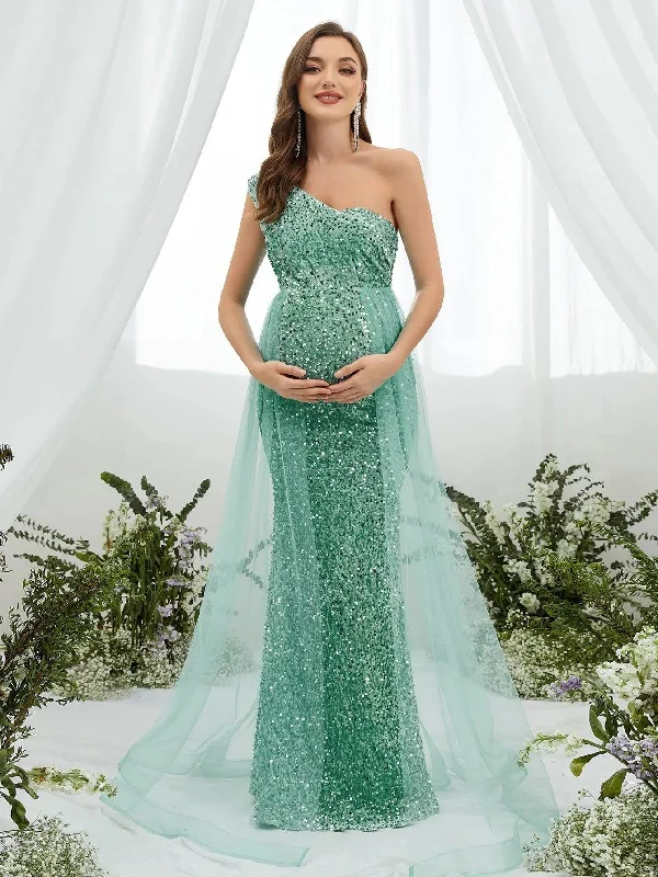 Maternity One Shoulder Mesh Overlay Sequin Party Dress Turtleneck Neckline Stylish