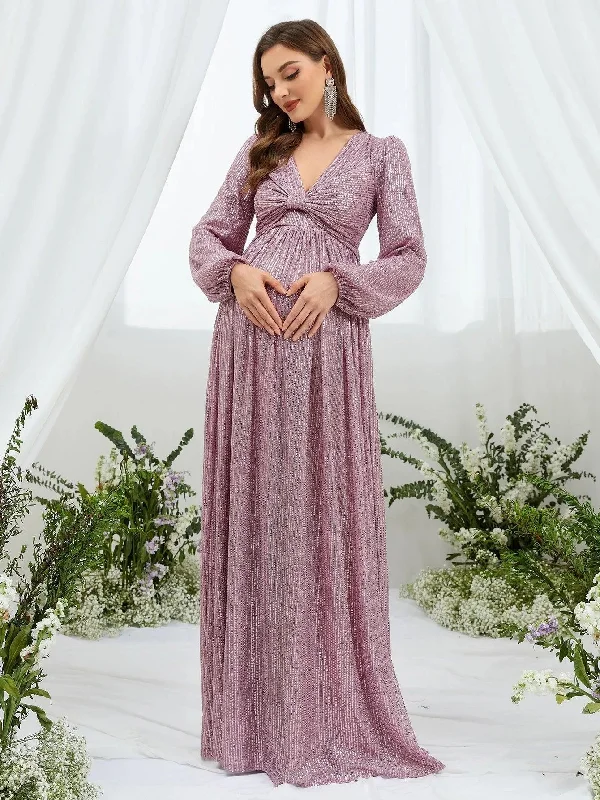Maternity Ruched Bust Lantern Sleeve Sequin Party Dress Tunics Chic fashionable