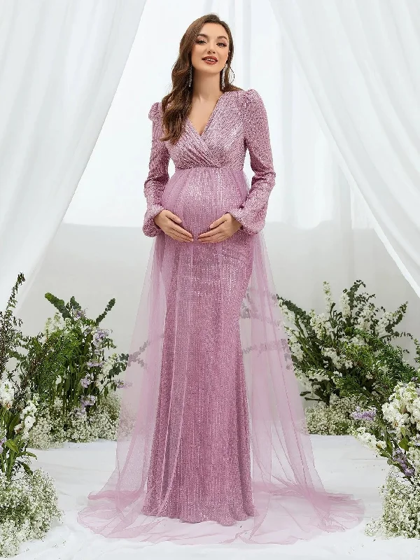 Maternity Surplice Neck Contrast Mesh Sequin Party Dress Off-the-shoulder Bohemian Festive Maternity Surplice Neck Contrast Mesh Sequin Party Dress Off-the-shoulder Bohemian Festive
