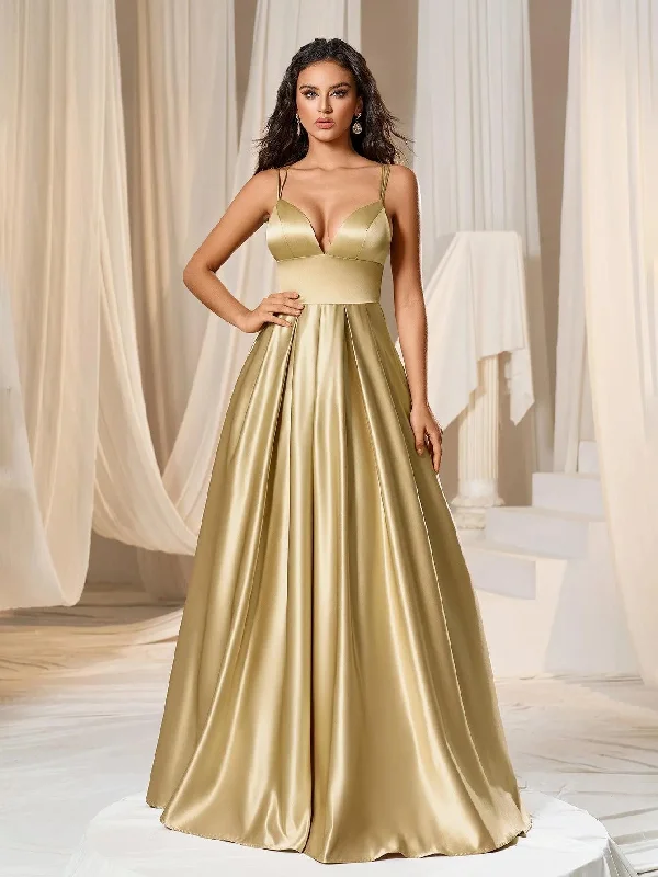Plunging Neck Floor Length Satin Cami Party Dress Lace Sexy Club