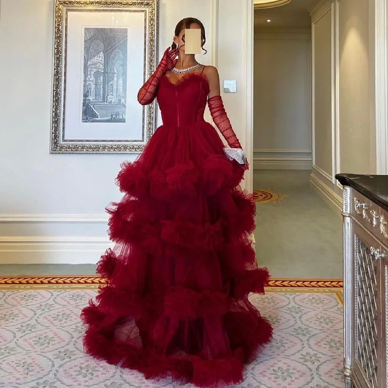 Burgundy Tulle Tiered Ruffles Evening Dresses with Gloves SF049 Tunics Floral girly