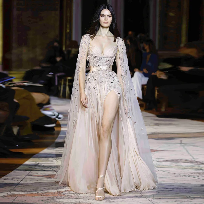 Champagne Tassel Slit Evening Dress with Cape Sleeves SS376 Tunics Corduroy durable