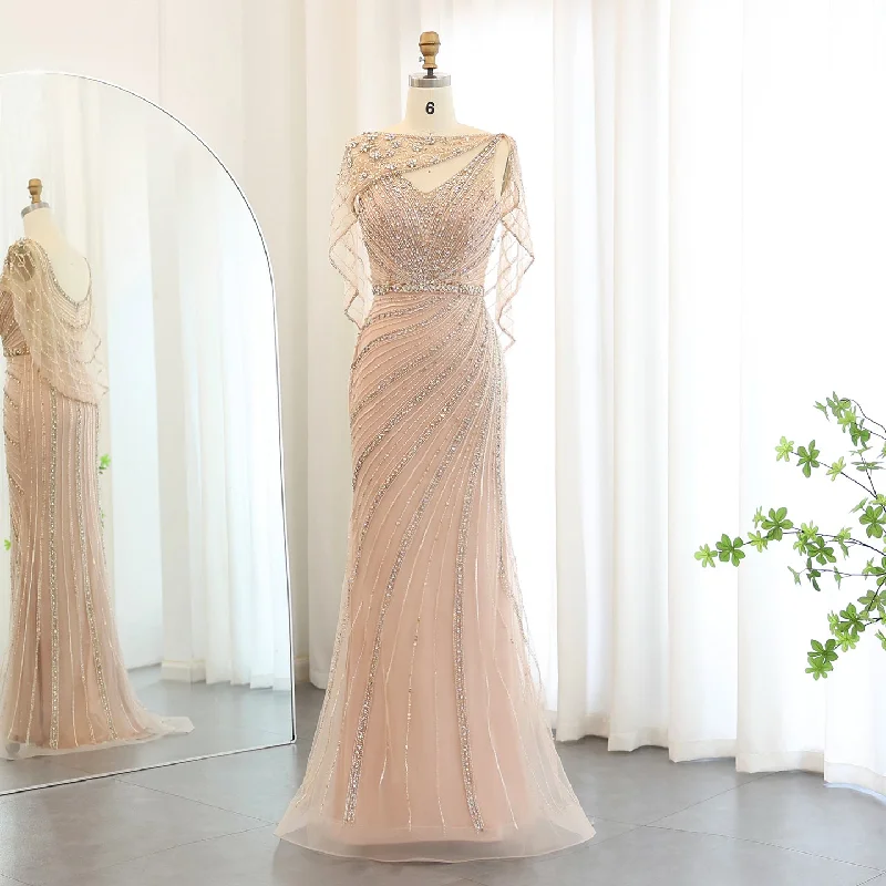 Luxury Champagne Beaded Mermaid Evening Dress with Cape SS122 Tunics Exclusive limited Luxury Champagne Beaded Mermaid Evening Dress with Cape SS122 Tunics Exclusive limited