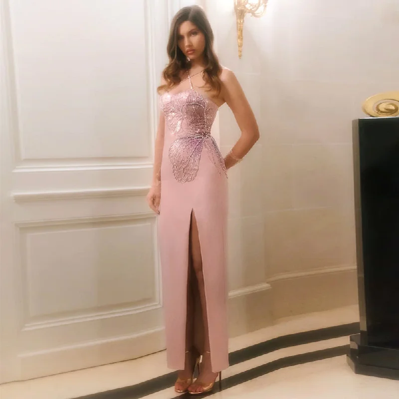Luxury Pink Butterfly Beaded Evening Dress with Slit SS476 Tunics Gym athletic