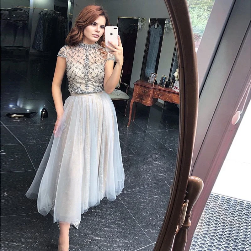 Luxury Gray Lace Tea Length High Neck Evening Dress SS253 empire Waist empire