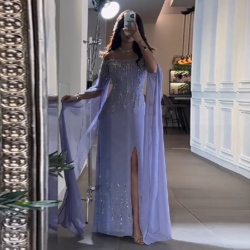 Luxury Lilac Mermaid Slit Evening Dress with Cape Sleeves SS448 Tunics Party sparkling Luxury Lilac Mermaid Slit Evening Dress with Cape Sleeves SS448 Tunics Party sparkling